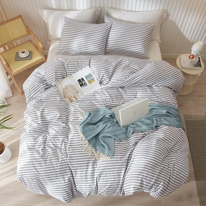 LifeTB Grey Striped Comforter Set Full Modern Style Stripes Pattern Comforter for Men Boy Teen Geometric Grey White Stripe Printed Boho Bedding Comforter for All Season Fluffy Soft Full Comforter Set