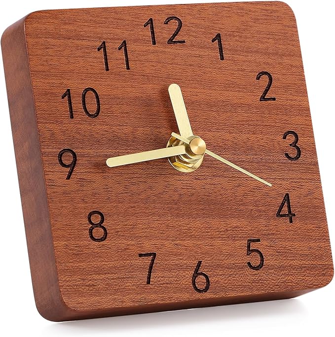 Kattepote Wooden Table Clock on Stand, Decorative Battery Operated Desk and Shelf Clock, Silent Non-Ticking Desktop Clock for Office, Living Room or Bedroom Decor, Square Shape, Sapele Wood
