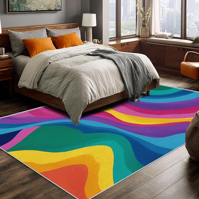 Rainbow Abstract Rugs 3x4, Colorful Retro 70s Washable 3 x 4 Area Rug for Living Room, Bedroom, Low Pile Non Slip Stain Resistant Carpet, Abstract Home Decor Accessories & M883