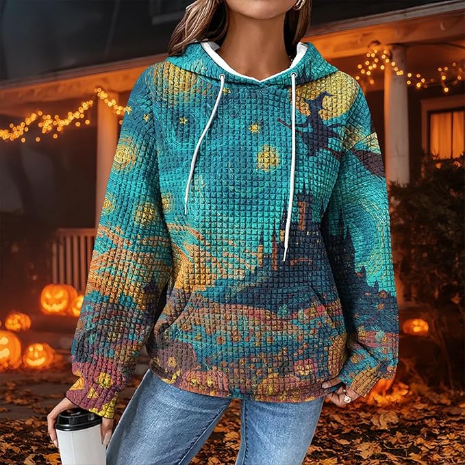 Halloween Sweatshirts for Women Novelty Graphic Drawstring Waffle Hoodies Loose Casual Pullover Tops with Pocket