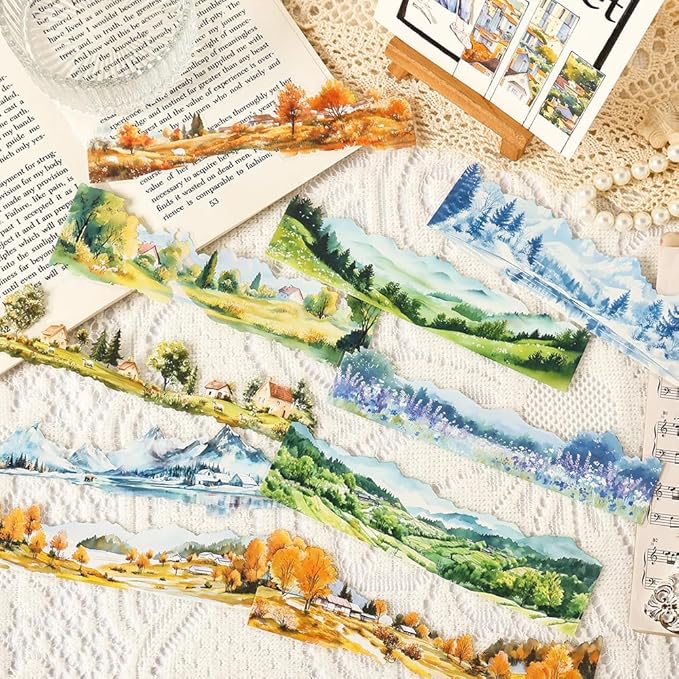 Dwpetzo Transparent PET Stickers for Journaling Scrapbooking, 60 Sheets Large Seasonal Landscape House Mountain Forest Wildflower Stickers Set for Junk Journal, Collage, Crafts Arts