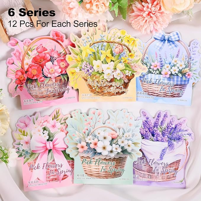 AuriicLeaf Floral Basket Holographic PET Sticker Set, 72Pcs Vintage Flower Stickers for Scrapbooking, Journaling, Junk Journal Supplies, and DIY Crafts
