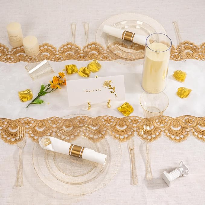 350 PCS Transparent Base With Pink Tint Plastic Dinnerware Set for 50 Guests, 100 Plates for Party, 50 Pre Rolled Napkins with Gold Silverware, 50 Cups