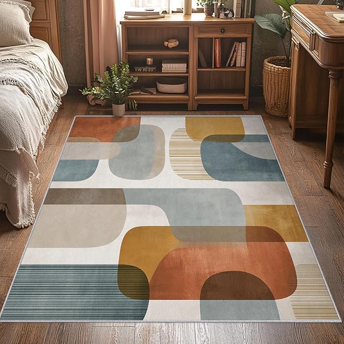 4x4 Mid Century Geometric Rugs for Bedroom Decor, Washable Mid Century Modern Pattern Area Rug, Living Room Home Decoration, Non Slip Soft Thin, Modern Abstract Decor Carpet PF-P 117