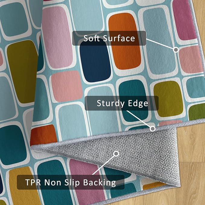Mid Century Modern Rugs 7x9, Geometric Retro Washable 7 x 9 Area Rug for Living Room, Bedroom, Low Pile Non Slip Stain Resistant Carpet, Mid Century Home Decor Accessories & M913