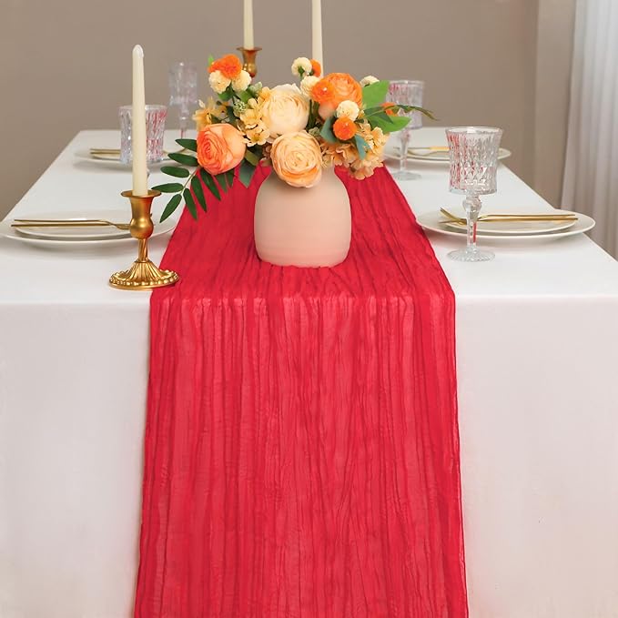 Snowkingdom 10 Ft Red Christmas Cheesecloth Table Runner, 120 inch Long Cheese Cloth Boho Gauze Sheer Runner for Wedding Bridal Baby Shower Birthday Sheer Holiday Table Decorations