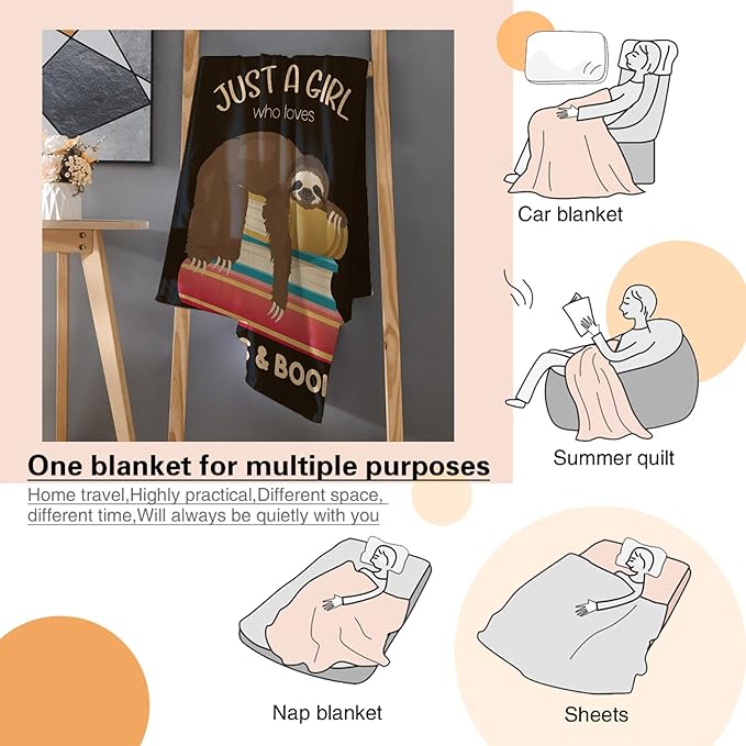 Just a Girl Who Loves Sloths and Books Blanket Lightweight Cozy Flannel Fleece Throw Blanket Best Gift Home Decor for Bed Couch Outdoor Camping 60"x50" M for Teens
