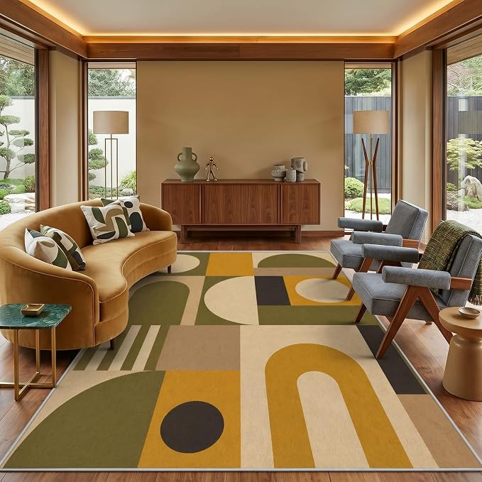 Olive Bauhaus Area Rug 8x10, Mid Century Modern Geometric Rug, Mustard Green Abstract Color Block Washable Low Pile Non Slip Rug for Living Room Bedroom