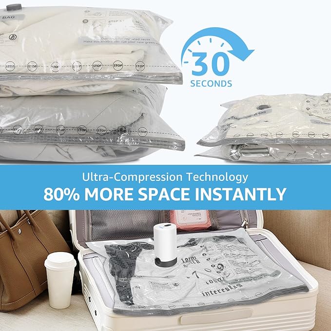 Vacuum Bags for Travel with Rechargeable Pump, 3 Sizes Vacuum Seal Bags for Clothing, Compression Vacuum Travel Bags for Luggage, Vacuum Packing Bags for Closet Organization (18)