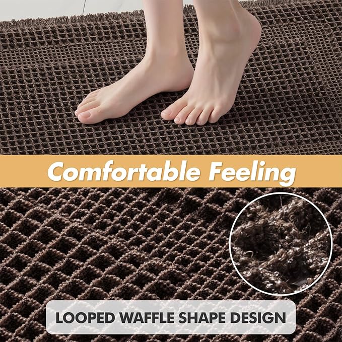 MIULEE Set of 2 Waffle Bathroom Rugs, Boho Bath Rug Super Absorbent, Non Slip Washable Ultra Soft Rubber Backed Shower Bath Mats for Floor, Tub, Shower, Looped Design, Chocolate, 18x30 Inch