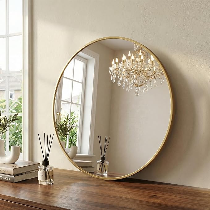 Sweetcrispy Round Bathroom Mirror for Over Sink, 30 Inch Wall Mounted Vanity Mirror with Matte Metal Frame, Decor for Bathroom, Entryway, Bedroom, Gold