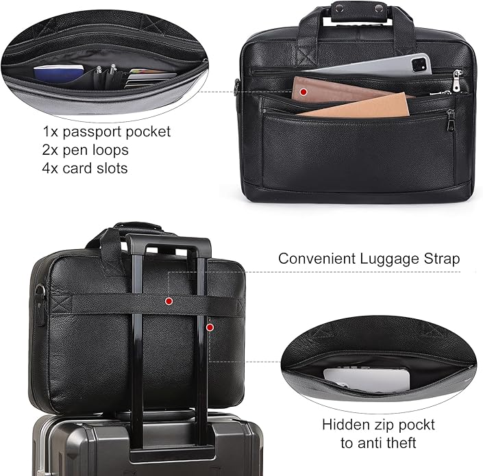Masa Kawa Men’s Leather Briefcase for 16" Laptop Waterproof Crossbody Shoulder Messenger Bag Computer Attache Case for Business Travel Work, Black