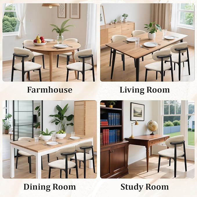 Farmhouse Dining Chairs Set of 4, Mid Century Modern Fabric Upholstered Kitchen Chairs, Wooden Dining Room Chair with Curved Back&Black Legs for Kitchen Dining Room Restaurant Cafe, Beige, Only Chairs