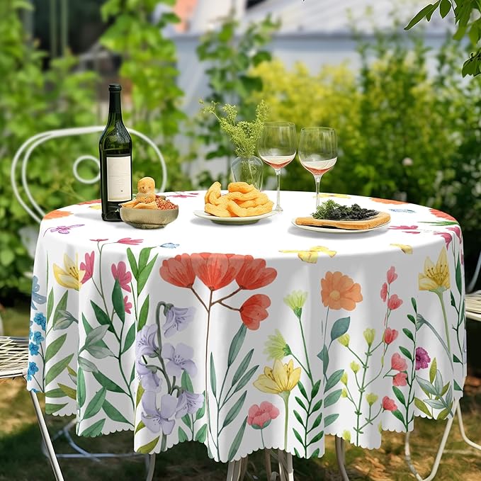 Eikione Round Tablecloth 60inch,Tablecloth Waterproof and Wrinkle-Free, Wild Flower Rustic Table Covers, Summer Decorations for Home
