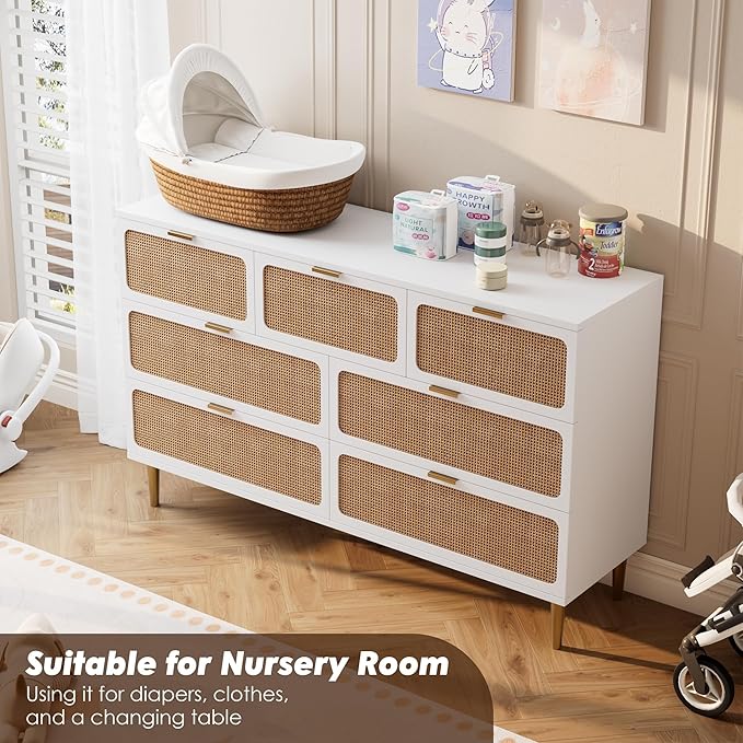 Garvee Rattan Dresser with 7 Drawers, Tall Modern Closet with Deep Storage, Large Chest of Drawers with Wide Top, Long Wooden Dresser for Bedroom, Living Room, Hallway, Kids Room, White