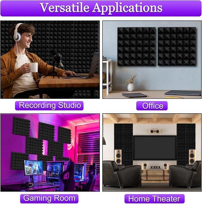 TroyStudio Thick Acoustic Foam Panels, 12 X 12 X 3 Inch, 12 Pcs Broadband Sound Absorbing, Dense Soundproof Padding Tile, Recording Studio Foam Absorber, Pyramid Decorative 3D Wall Ceiling Panel