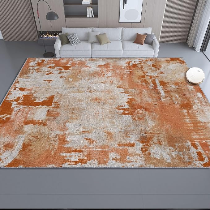 4x5 Washable Area Rug, Orange Color Retro Distressed Textured Design Non Slip Non-Shedding Rug Easy Care for Living Room Bedroom Kitchen Office Carpet