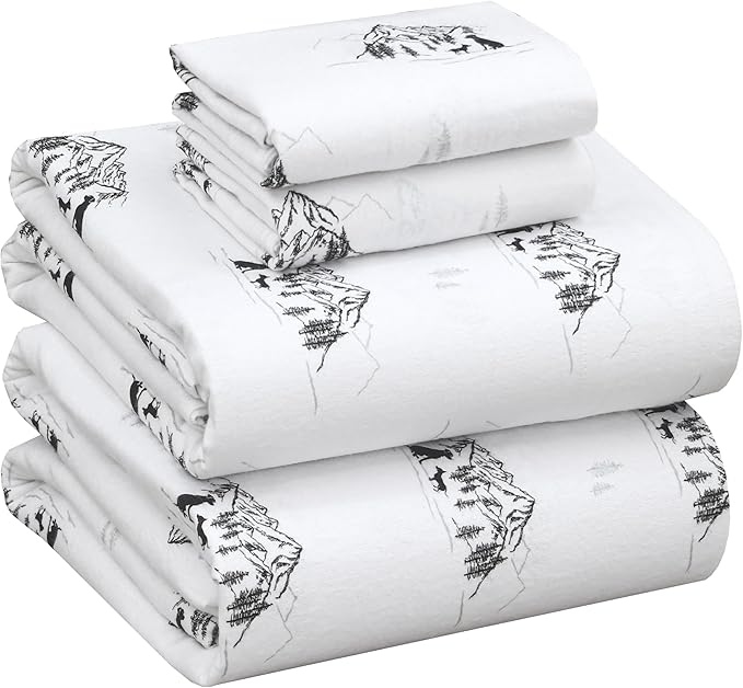 RUVANTI Flannel Sheets Queen Size - 100% Cotton Double Brushed Bed Sheets, Deep Pockets 16 Inches Queen Sheet Set, All Seasons Breathable & Extra Soft - Warm & Cozy, 4 Piece, Soul Dog White
