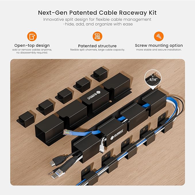 EUREKA ERGONOMIC 316 PCS Cable Management Organizer Kit Cable Raceways, 6 Cable Holder, 4 Cord Sleeve, 60 Wire Clips,2 Roll Self Adhesive Wire Ties, 100 Zip Ties for Office Home Under PC Desk, Black