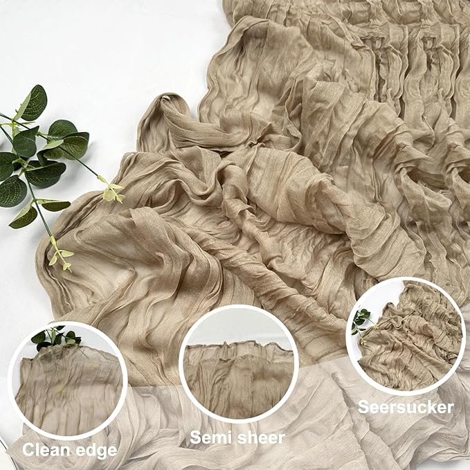 Booque Valley Nude Cheesecloth Table Runner 120 Inch 10ft Super Soft Boho Wrinkled Gauze Sheer Cloth for Baby Shower Birthday Bridal Shower Wedding Centerpiece Table Decoration, 3 Pack , Tan