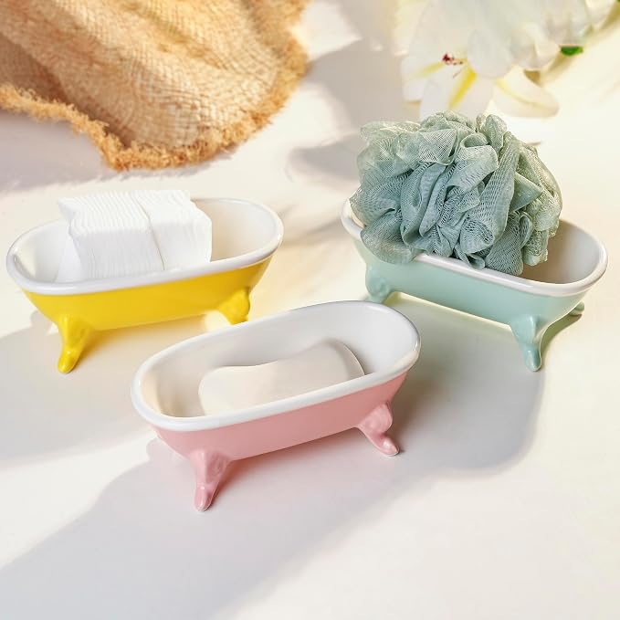 6.7" Ceramic Mini Clawfoot Bathtub Bar Soap Dish, Decorative Bar Soap Holder, Soap Tray Sponge Holder for Shower, Bathroom & Kitchen Sink (Black)