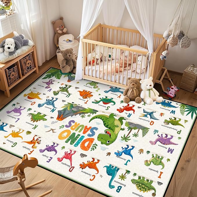 4'x6' Dinosaur Area Rug ABC Alphabet Educational Rugs for Bedroom Living Room Nursery Kitchen Playroom Home Decor Washable Cute Cartoon Dinosaur Floor Mat Carpet