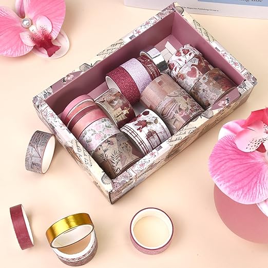 Washi Tape Set, 24 Rolls Red Vintage floral Journaling Supplies,for Christmas Valentine's Day Journaling Supplies Journal Scrapbook Tape, Bullet Journaling Scrapbooking Supplies, DIY Art Decorative