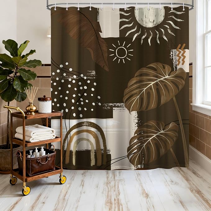 Dark Brown Mid Century Modern Shower Curtain Boho Abstract Khaki Earth Tone Shower Curtains for Bathroom Decor Sets, Waterproof Cloth Fabric with Hooks, 70 x 72 Inch