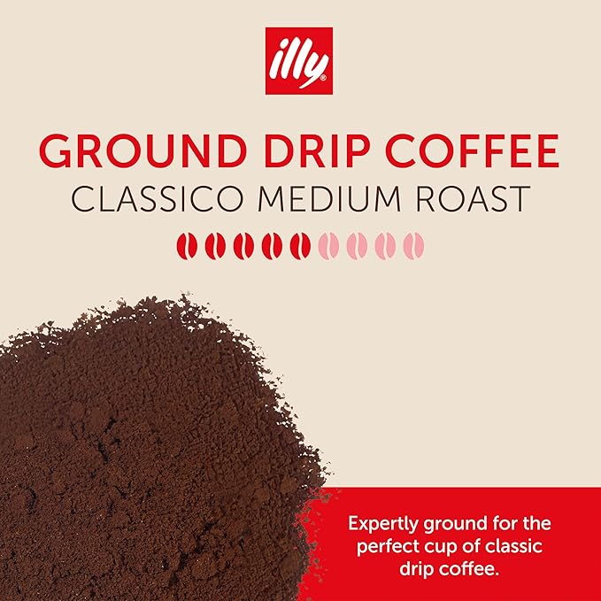 illy Ground Drip Coffee, Classico Medium Roast, 100% Arabica, Premium Italian Coffee, Pre-Ground for Drip Brewers, 8.8 oz, 6 Pack