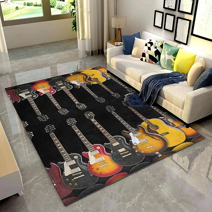Vintage Guitar Black Area Rug, Guitar Music Lover Non Slip Living Room Rugs, Breathable Durable Carpet for Indoor Bedroom Conference Room Office Decor Rug - 3 ft x 4 ft