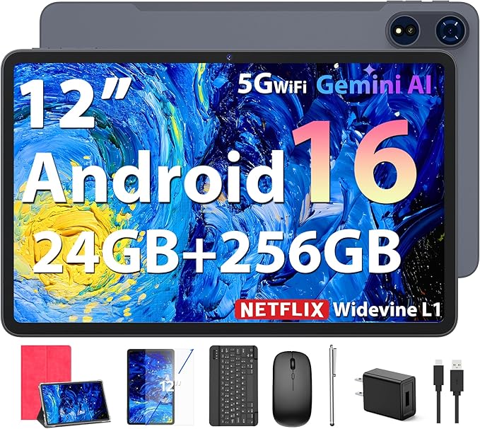 JJGJ 2026 12 Inch Android 16 Tablet with Keyboard, 24GB+256GB+2TB Expand, 2K Gemini AI Tablet with 5G WiFi, Octa-Core, 8000mAh, BT5.0, 16+8MP, 2 in 1 Tablets PC with Case, Mouse, Stylus (Pink Case)