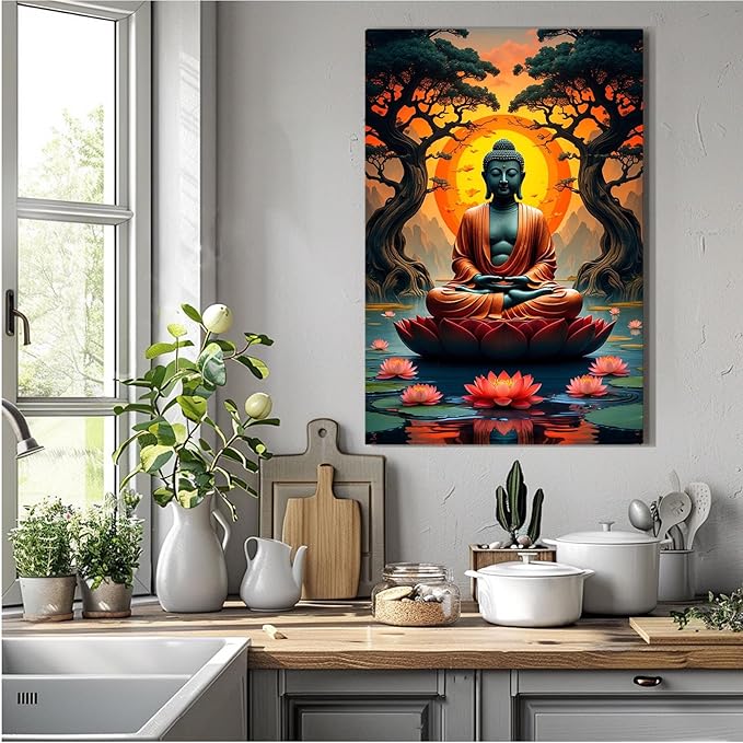 Canvas wall art Golden Buddha on lotus at sunset Ancient trees with reflections on water Serene meditation scene Uplifting wall art for mindfulness and tranquil home decor 24x36in Wood Framed