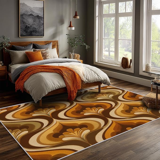 Retro 70s Area Rug 6x8, Mid Century Floral Geometric Rug, Burnt Orange Brown Vintage Carpet for Living Room Bedroom, Non-Slip Washable Area Rug