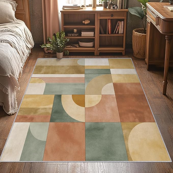 5x8 Mid Century Modern Rugs for Bedroom Decor, Washable Abstract Geometric Pattern Area Rug, Living Room Home Decoration, Non Slip Soft Thin, Mid Century Decor Carpet PF-P 117