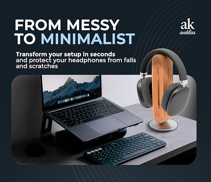 ak anklas Headphone Stand for Desk – Premium & Minimalist Headset Holder with Round or Oval Base for Gaming, Office & Home (Bamboo, Oval)
