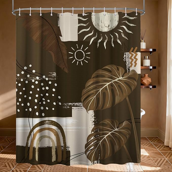 Dark Brown Mid Century Modern Shower Curtain Boho Abstract Khaki Earth Tone Shower Curtains for Bathroom Decor Sets, Waterproof Cloth Fabric with Hooks, 70 x 78 Inch