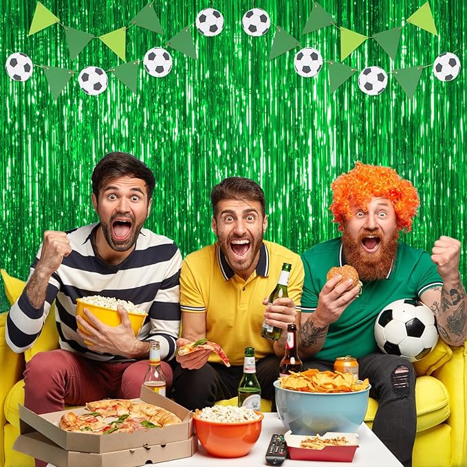Thicken Green Streamers 4 Pack 3.2 x 8.2 FT, Tinsel Backdrop Curtains, Foil Fringe Photo Backdrop for Birthday, Dinosaur, Football, Jungle, Christmas, Golf Party Decorations