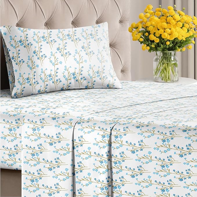 Floral Sheets - Blue Floral Bed Sheet Set - 1 Flat, 1 Fitted & 1 Pillowcase w/ Deep Pockets - Comfy, Wrinkle & Fade Free - Boho Botanical Bedding - Ultra-Soft, Breathable and Cooling - Twin Size Set