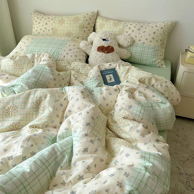 LifeTB 100% Cotton Muslin Duvet Cover Twin XL Aesthetic Floral Comforter Cover with Botanical Flower Cute Plaid Design Cottagecore Bedding Set Ultra Soft Breathable Gauze Duvet Cover for Kids Girls