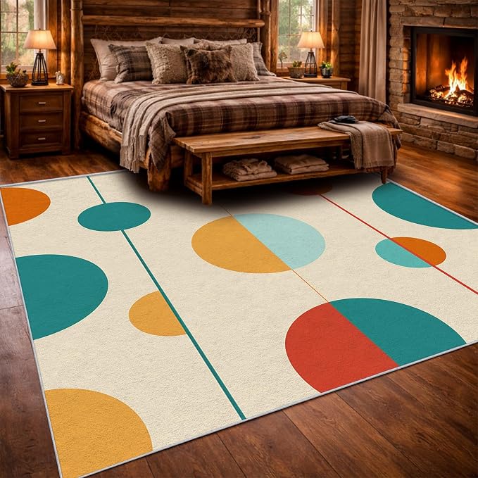 Mid Century Modern Area Rug 8x12, Washable Non Slip Low Pile Abstract Geometric Carpet for Living Room Bedroom Dining Room, Minimalist Retro Circle Accent Rug, Ivory Teal Mustard Orange