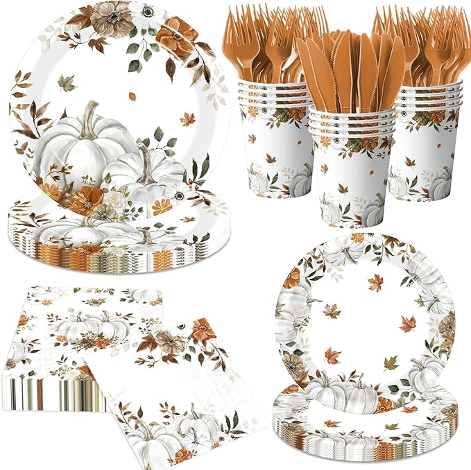 24 Sets Fall Paper Plates and Napkins,Little Pumpkin Baby Shower Decorations,Autumn-Themed Disposable Tableware for Thanksgiving,Harvest Parties,Floral Pumpkin Birthdays Party Supplies