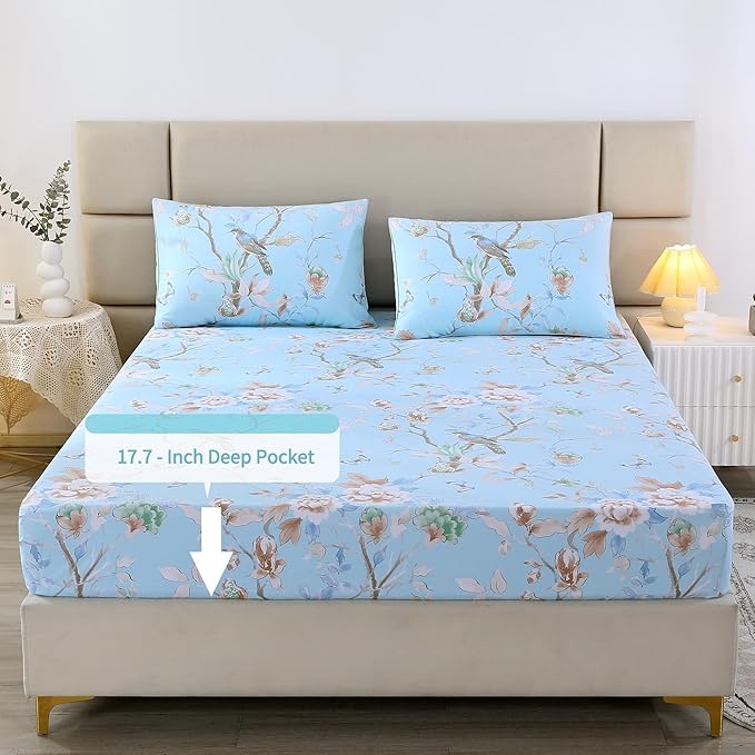 RYNGHIPY Egyptian Cotton Bed Sheet Set Blue Bird Botanical Pattern Bed Sheets Deep Pocket Fitted Sheet Tree Branches Print Bedding Soft Breathable (Light Blue,Full Size)