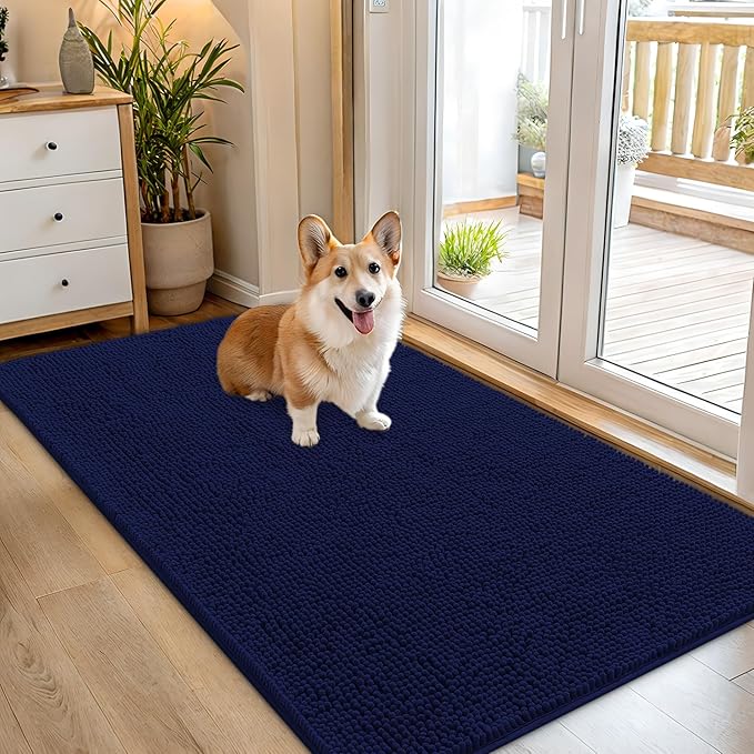 OLANLY Dog Door Mat for Muddy Paws 54x32, Absorbs Moisture and Dirt, Absorbent Non-Slip Washable Doormat, Quick Dry Chenille Mud Mat for Dogs, Entry Indoor Entryway Carpet for Inside Floor, Navy Blue