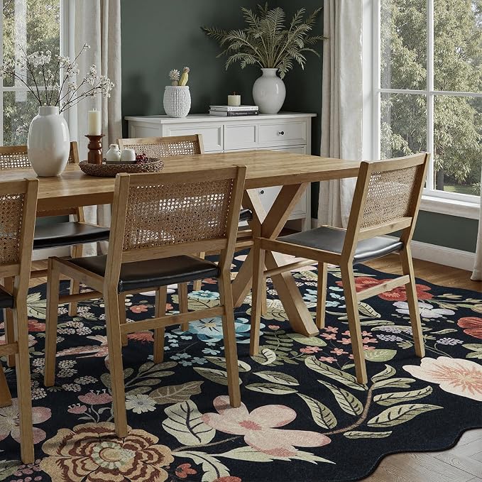 DCX Black Floral Rug 4x6, Washable Black Rug for Living Room, Kid & Pet Friendly with Rubber Back Non Slip, Soft Low Pile Carpet, Stain Resistant Rug for Bedroom, Nursery, Dining Room