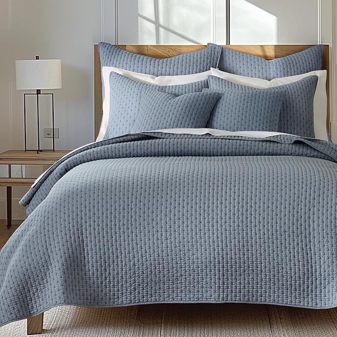 Levtex Home - Cross Stitch Chambray Quilt Set - Twin Quilt + One Standard Pillow Sham - Cross Stitched Pattern - Quilt Size (68x86in.) and Pillow Sham Size (26x20in.) - Reversible - Cotton Fabric