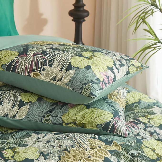 EAVD Tropical Leaves Duvet Cover Queen Soft Cotton Chic Plant Green Leaf Pattern Bedding Set with 2 Pillowcases Fresh Botanical Leaves Comforter Cover with Zipper Closure