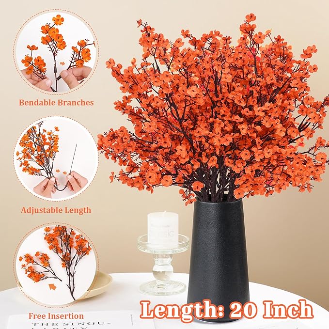 Yastouay Fake Flowers Thanksgiving Table Decor, 10Pcs Orange Thanksgiving Decorations for Table Artificial Flowers, Babys Breath Artificial Flowers Bulk for Fall Decor Floral Arrangement