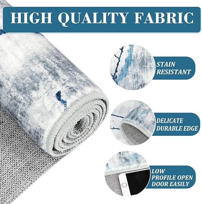 Washable Area Rugs 9x12 Living Room Rugs Soft Bedroom Large Indoor Carpet Abstract Neutral Dining Room Rug Non-Slip Stain Resistant Thin Foldable Floor Carpet for Playroom Nursery, Blue