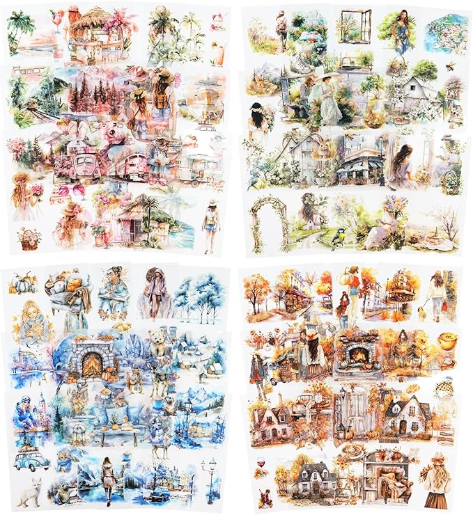 MiyouLuna Seasons Journey Pre-Cut PET Sticker Set, 80 Sheets of Seasonal Travel-Themed Stickers for Scrapbooking, Journaling, DIY Crafts, and Junk Journal Ephemera