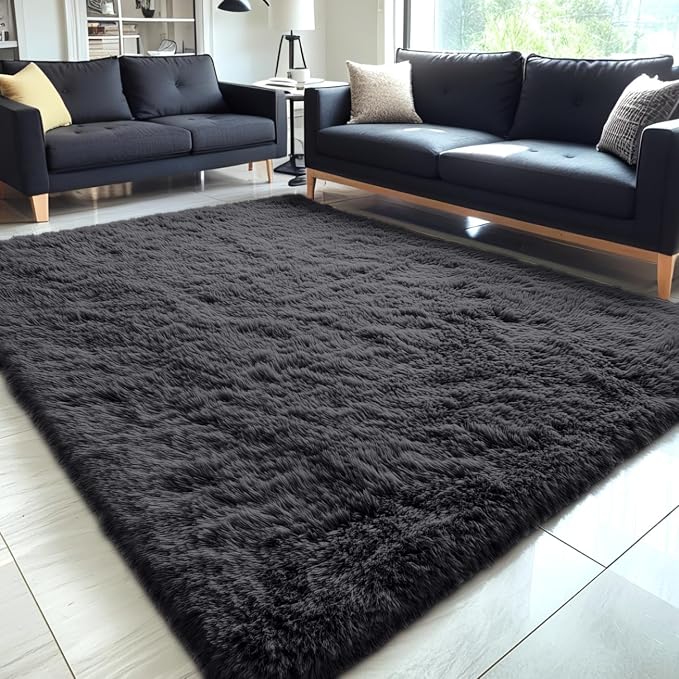 OLANLY 5x5 Area Rugs for Living Room Bedroom, Machine Washable Soft Fluffy Shaggy Bedside Rug, Indoor Floor Carpet for Kids Girls and Boys, Dorms, Nursery Rooms, Home Decor Aesthetic, Black